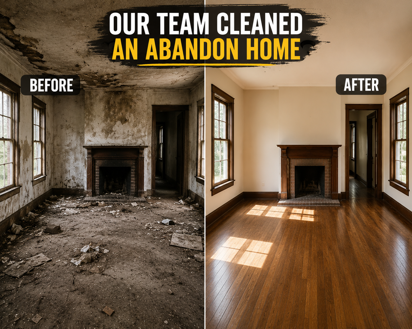 Before and after of an abandoned home interior restored to a clean, livable room