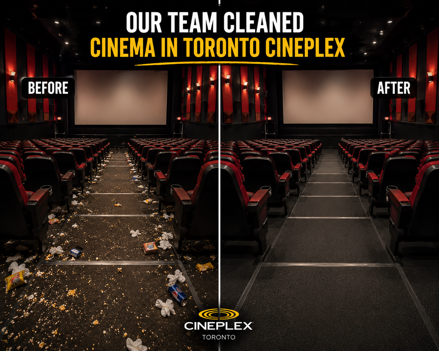 Before and after of a movie theater aisle cleaned from litter to spotless seating