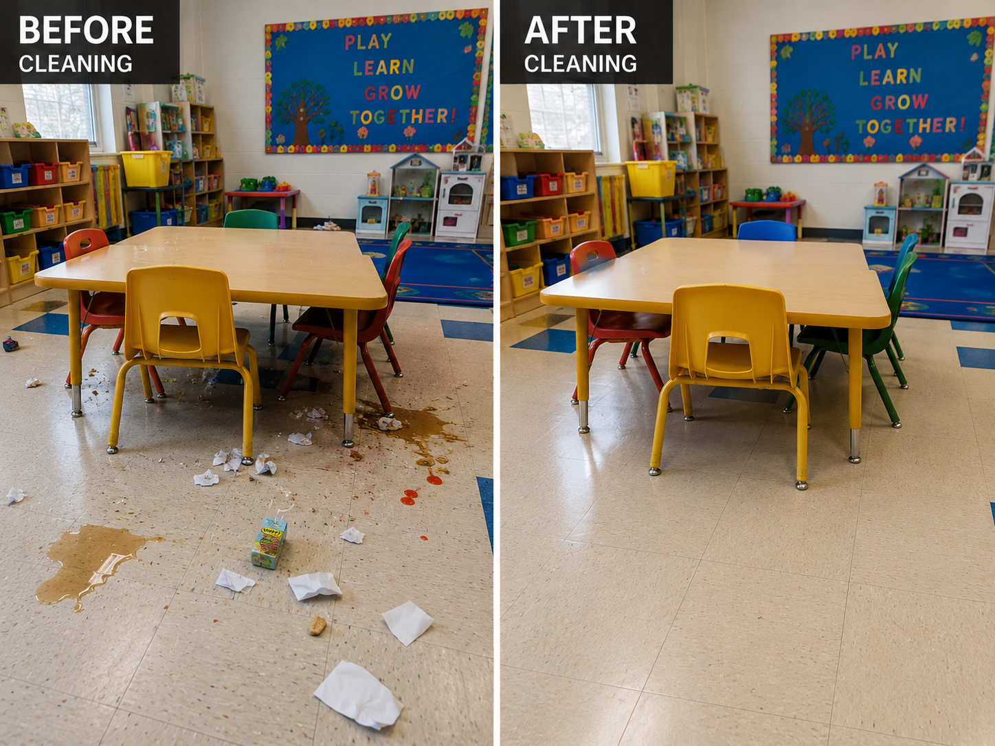 Before and after of a kindergarten classroom floor cleaned of spills and trash