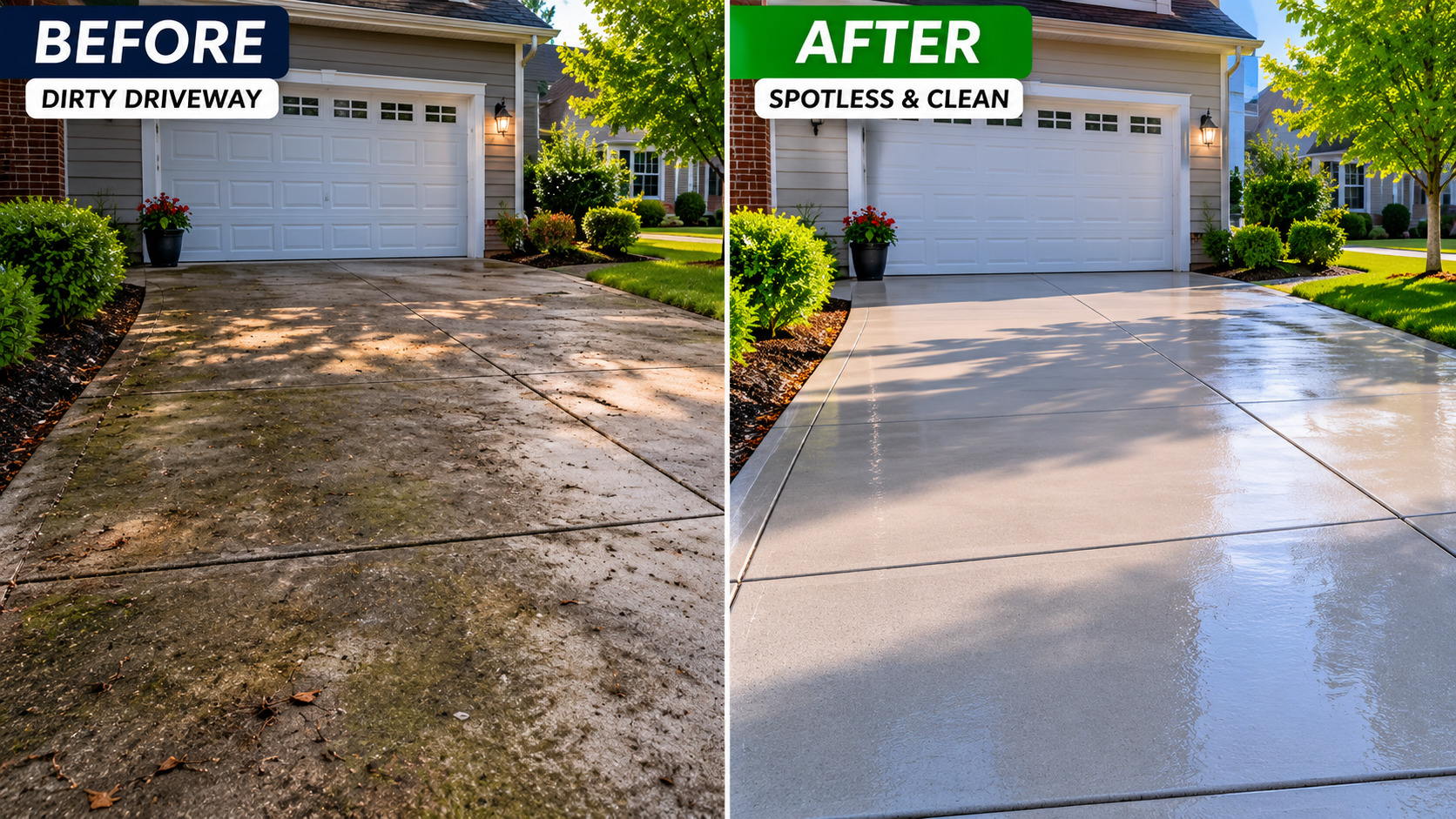 Before and after of a stained driveway restored to spotless clean concrete