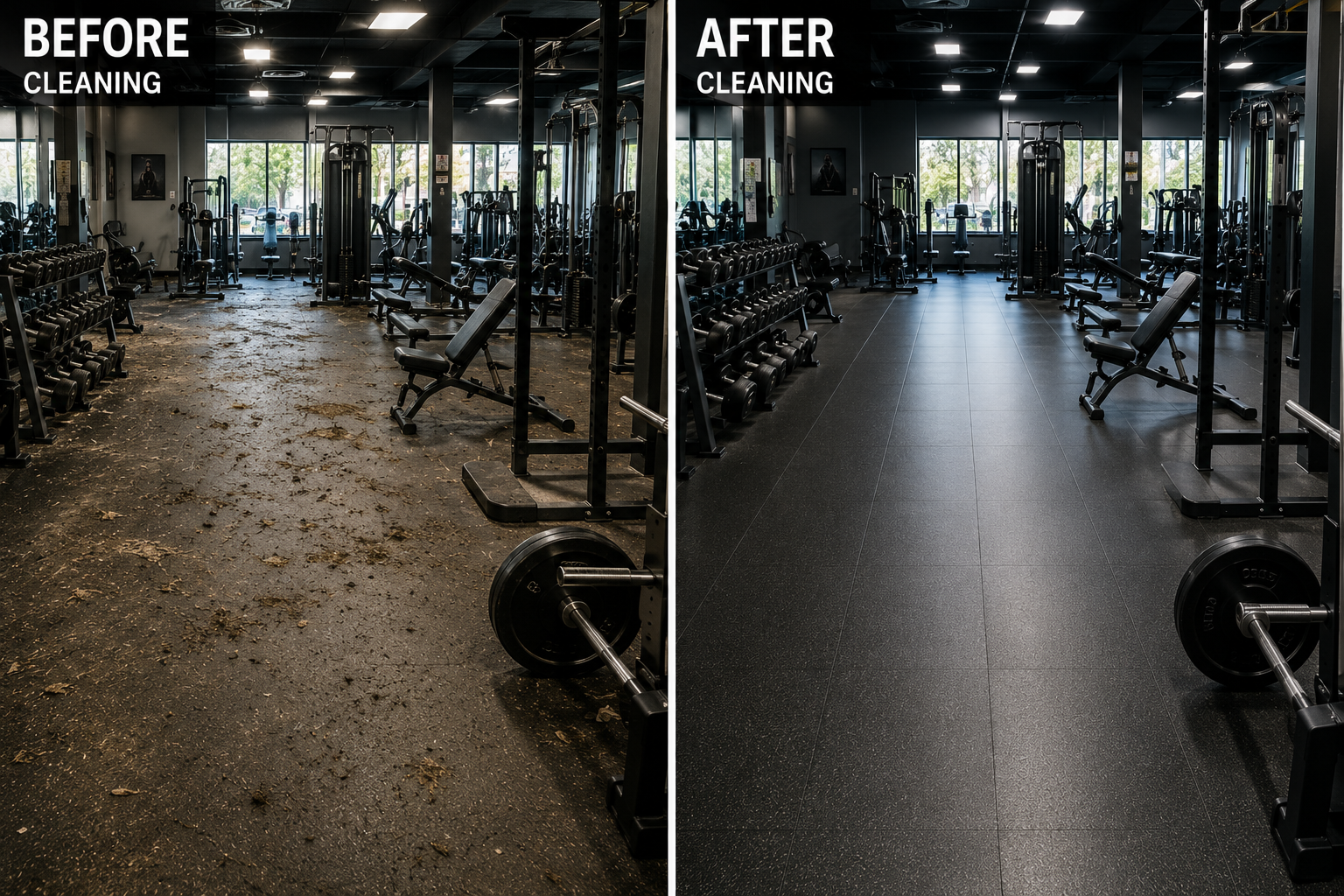 Before and after of a gym floor cleaned from heavy debris to spotless rubber tile