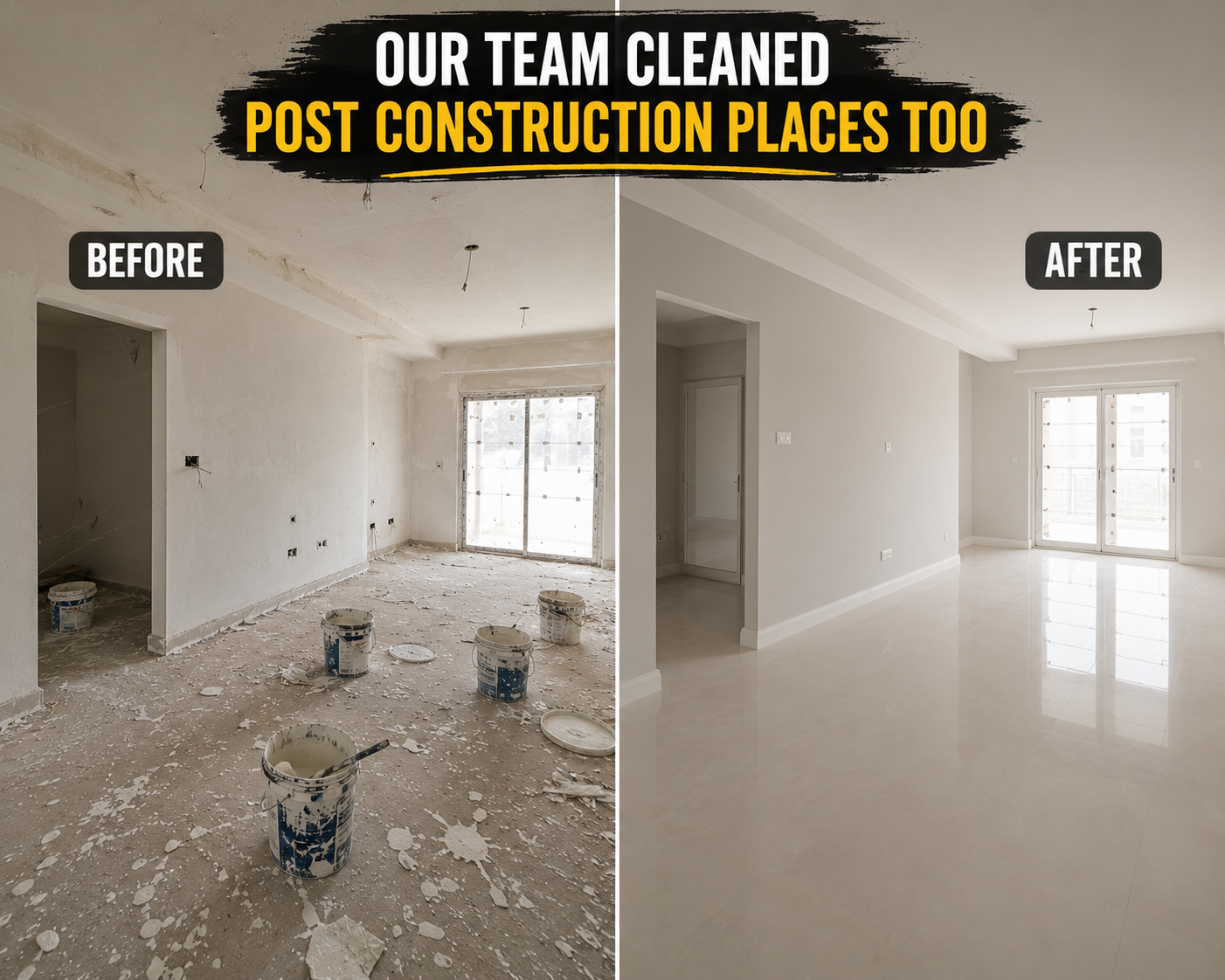 Before and after of a post-construction room cleared of debris to polished tile floors