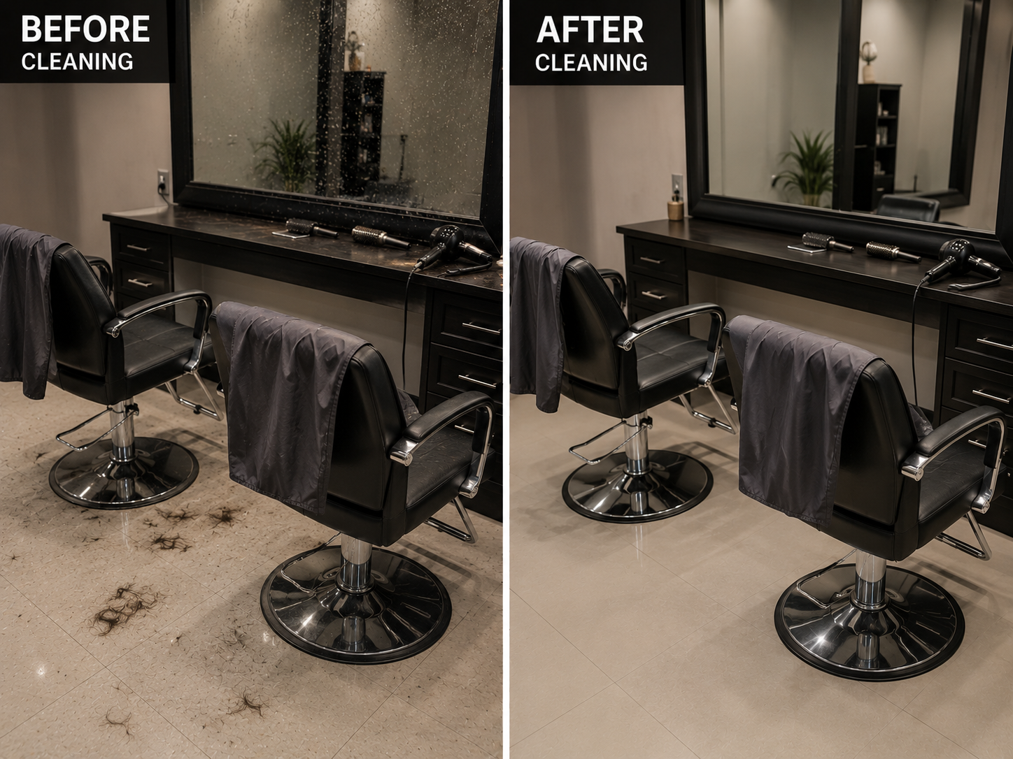 Before and after of a hair salon floor and mirror professionally cleaned