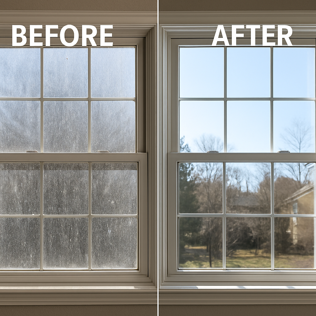 Before and after of a residential window cleaning showing streaky glass made spotless